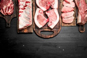 Cuts of wholesale meat on 5 different slabs